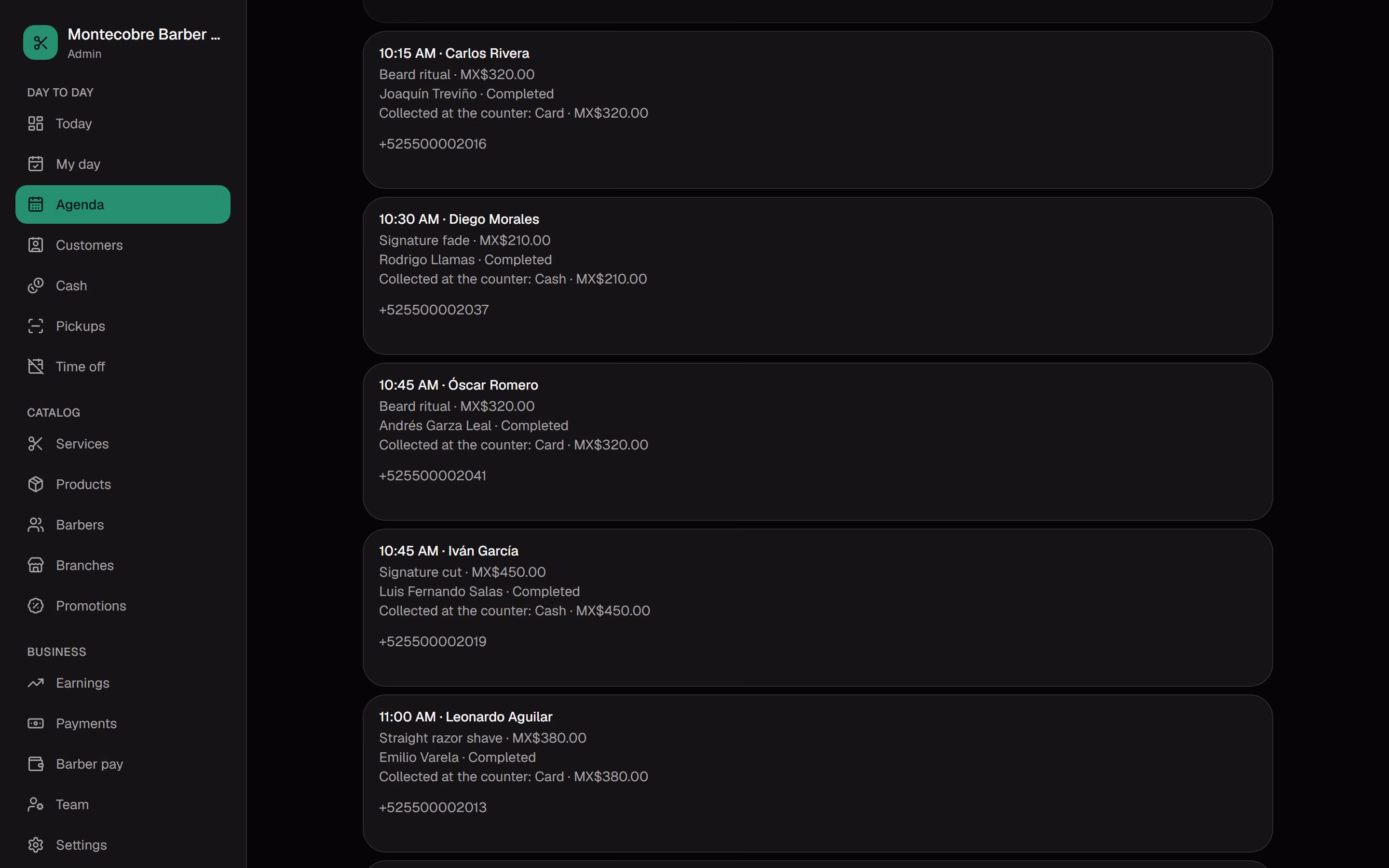 One branch's agenda for the day in the admin panel.