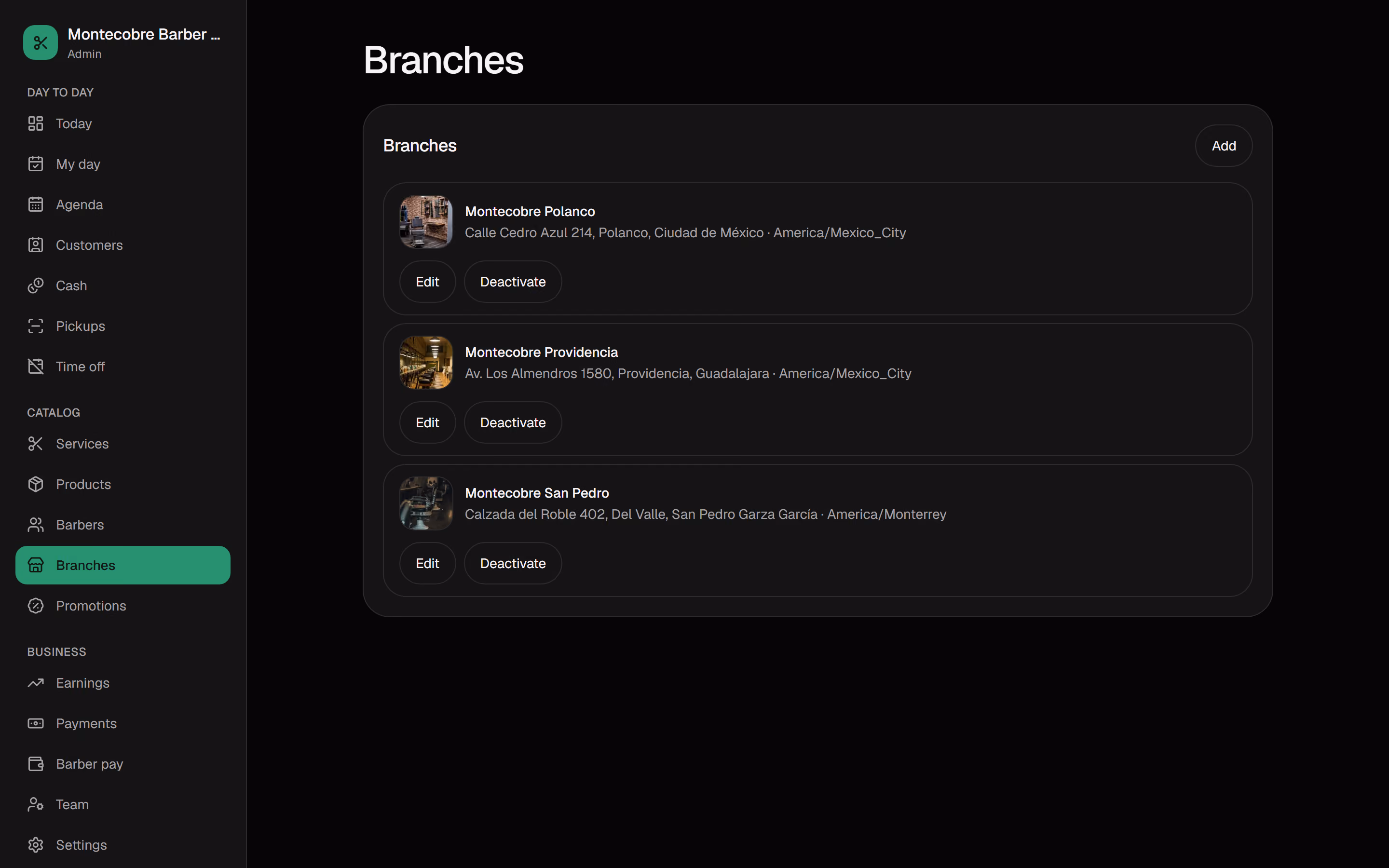 List of the shop's branches in the admin panel.
