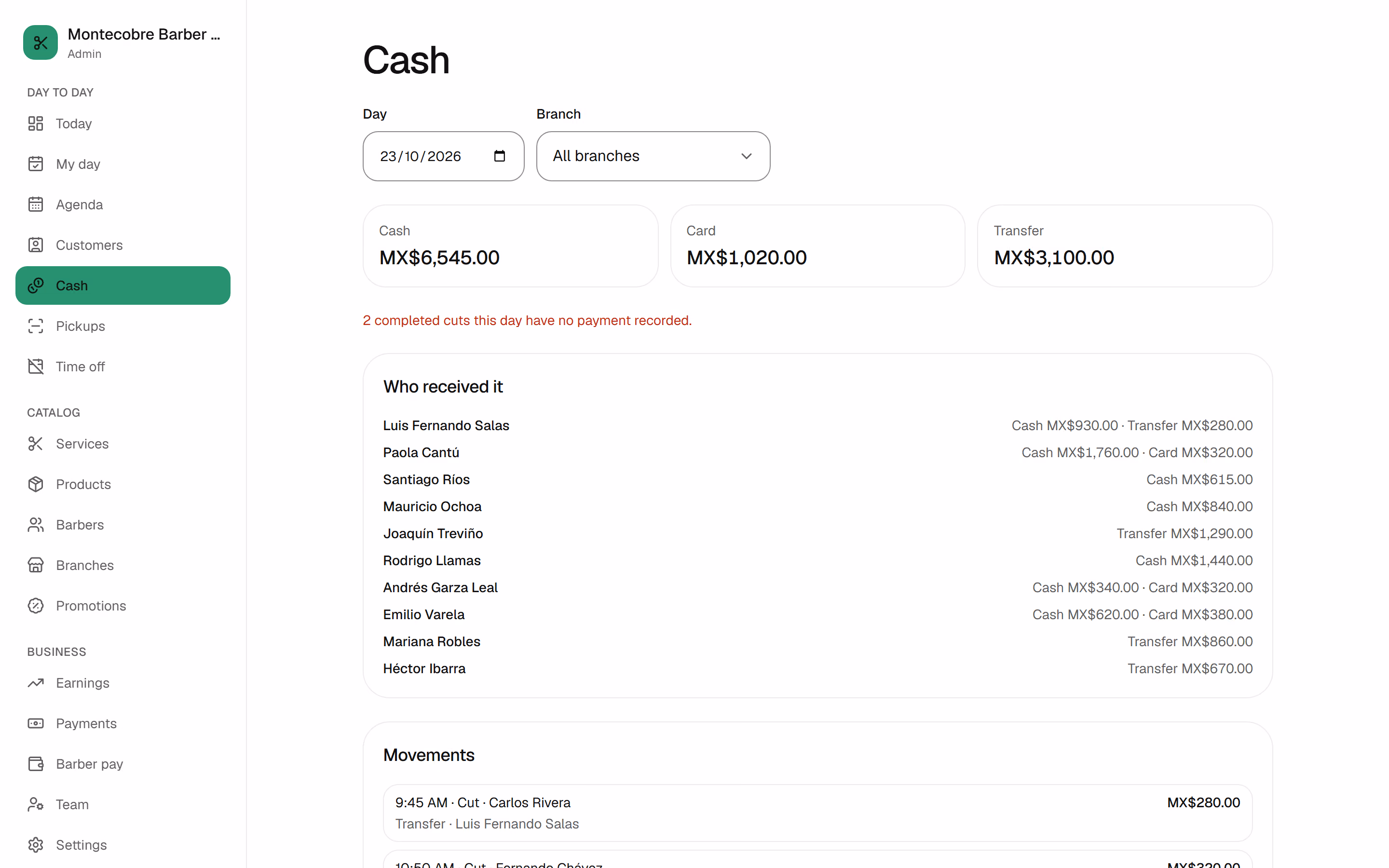 Cash desk for the day: totals by method, by person and every movement.