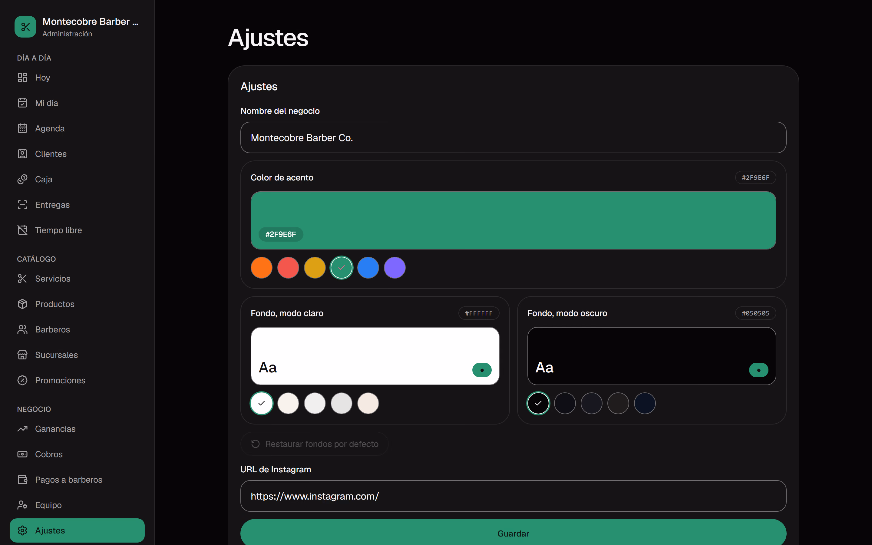 Ajustes: elegir el color de la barbería.