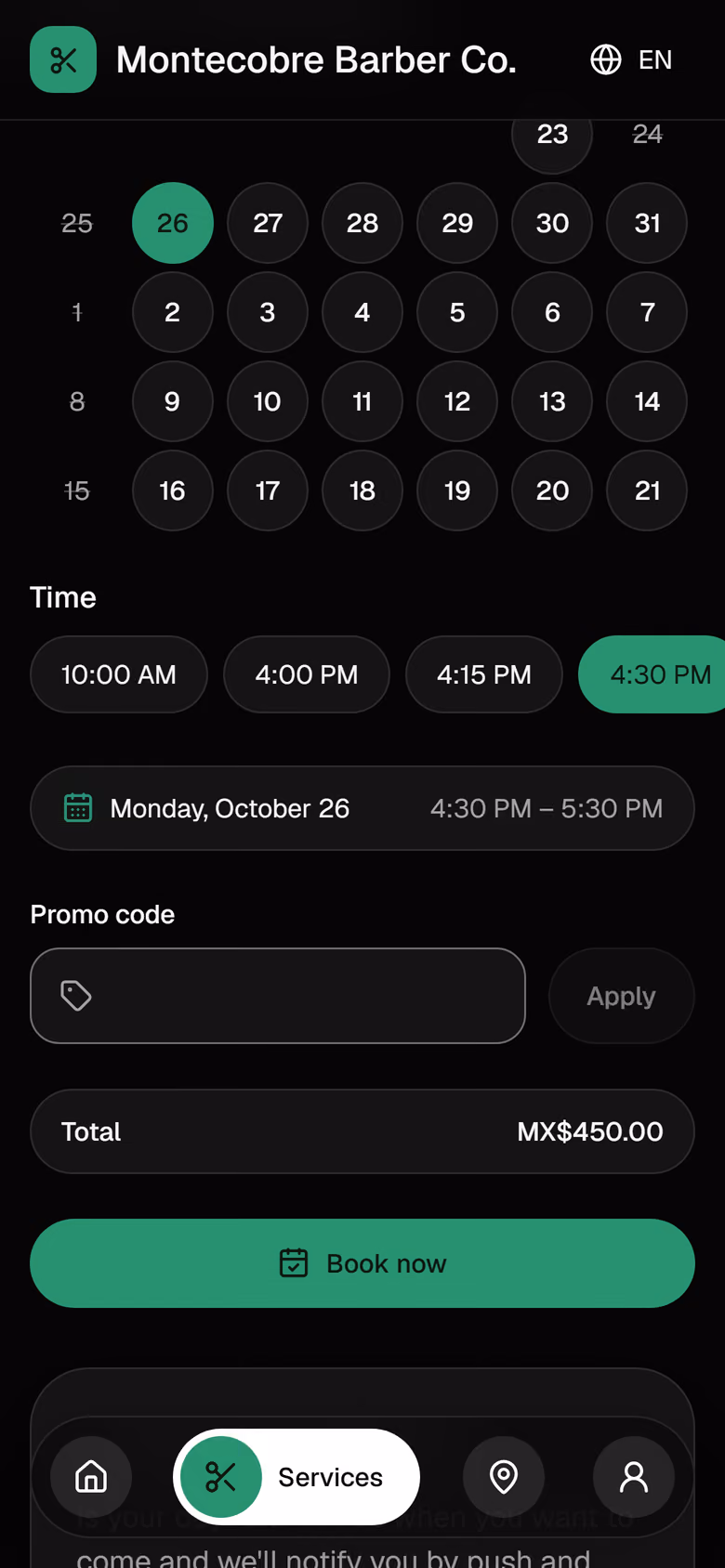 Booking confirmation with service, barber, time and price.