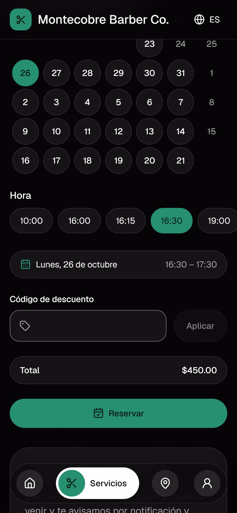 Confirmación de la reserva con servicio, barbero, hora y precio.