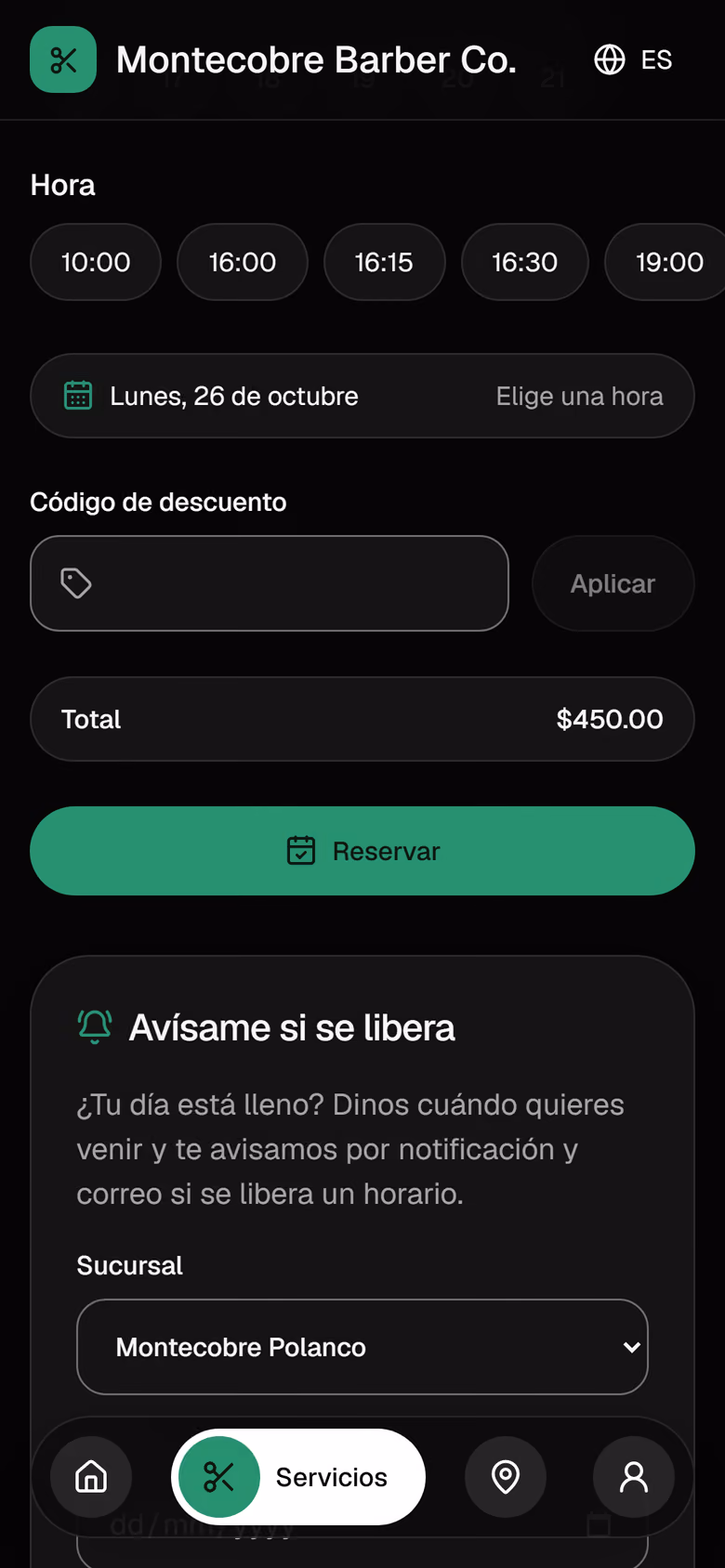 Reserva, paso 5: cuadrícula de horas libres.