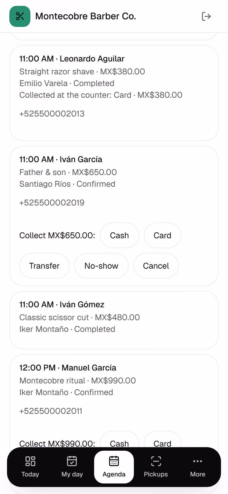 Completing an appointment: buttons to mark cash, card or transfer.