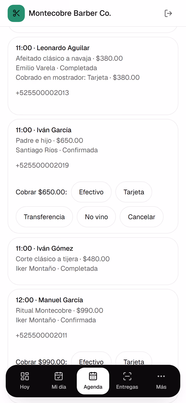 Completar una cita: botones para marcar efectivo, tarjeta o transferencia.