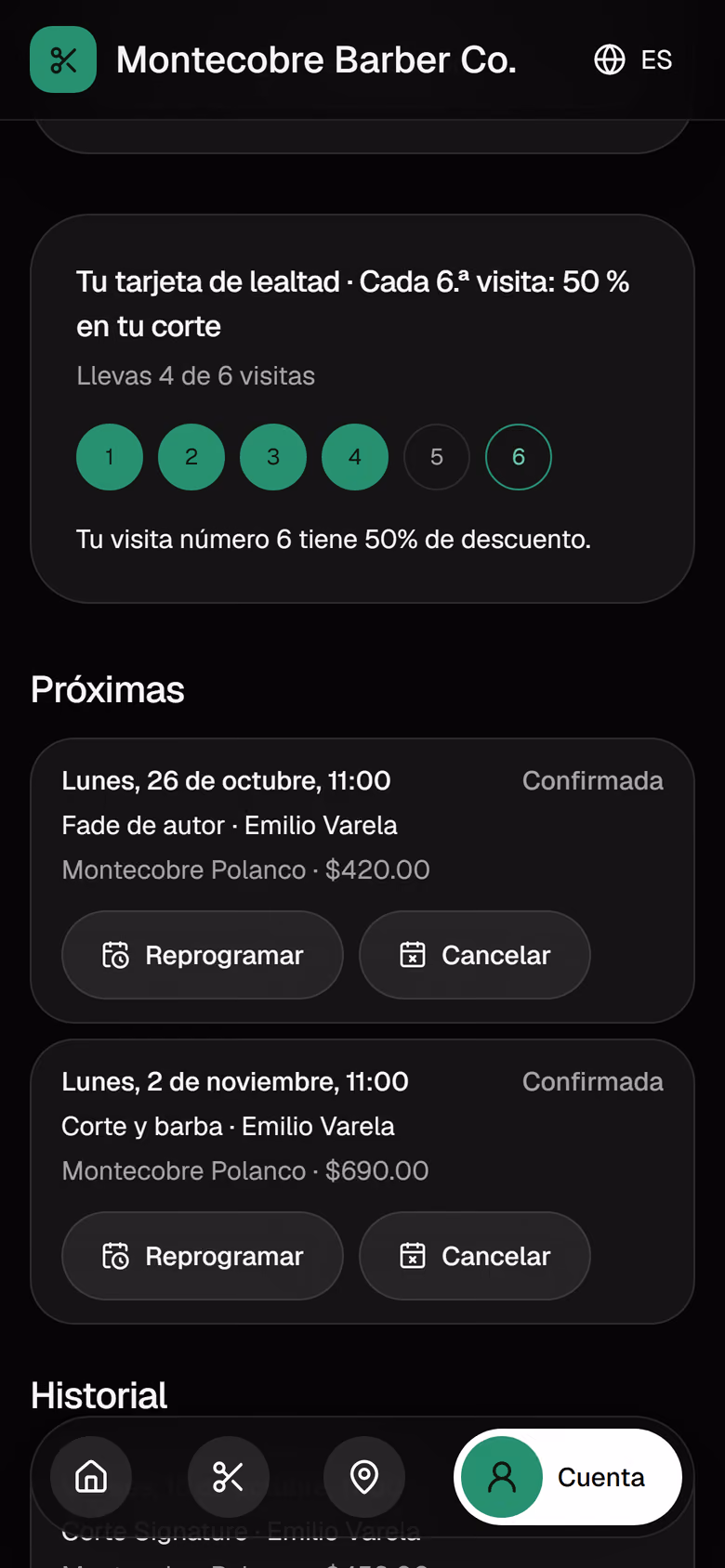 Tarjeta de lealtad en la cuenta del cliente, 4 de 6 visitas.